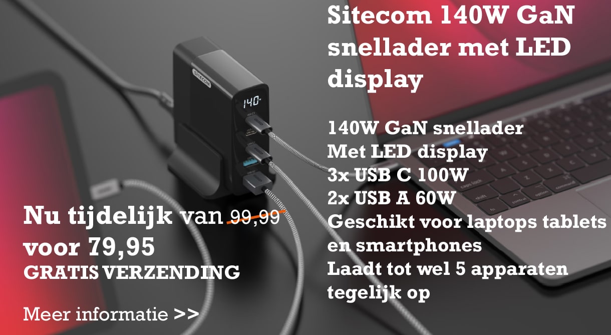 Sitecom140W GaN Desk Charger 3x USB-C 3x USB-A met led display