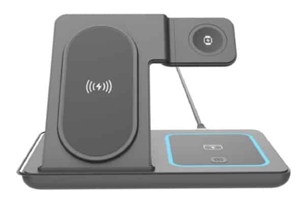 Gray wireless charging station with a vertical phone dock and a base charging pad surrounded by a blue glow