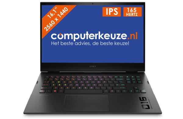 Open black laptop with RGB keyboard displaying a blue banner for computerkeuze.nl and orange badges on the screen.
