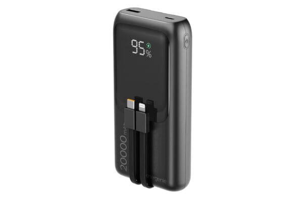 Black 20000 mAh power bank with a digital display showing 95% charge and two attached charging cables.